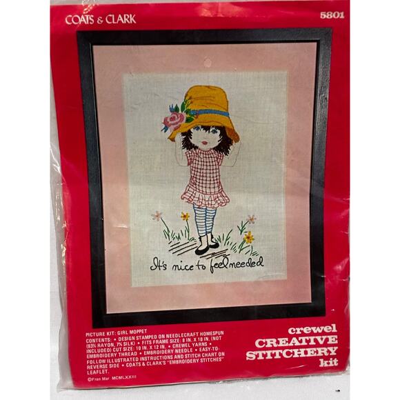 Vintage New Moppet Girl 'It's Nice To Feel Needed' 5801 crewel Embroidery - Picture 3 of 4